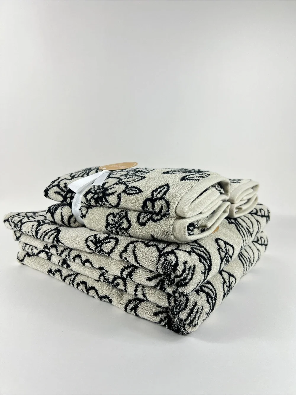 Common Thread Bath Towel Set Luxury Cream Black Floral Soft Cotton 6 Pc NEW